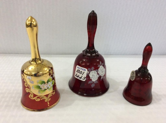 Lot of 3 Red Glass Bells Including 2-Hand Painted