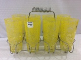 8 Yellow Lemonade Glasses in Metal Holder