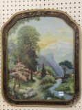 Antique Framed Print of Cottages by Mountain
