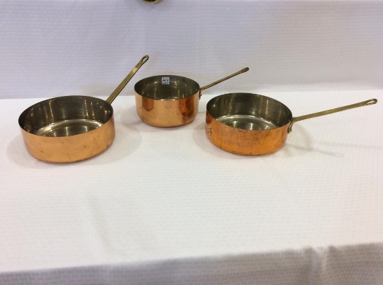 Lot of 3 Copper Pans w/ Brass Handles