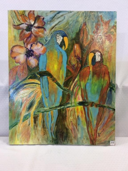 Contemp. Floral & Parrot Signed Painting