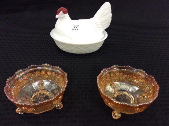 Lot of 3 Including Lg. Milkglass Chicken on the