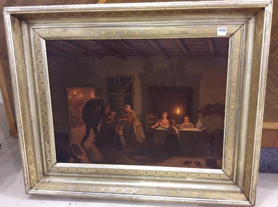 Antique Framed Painting of Buliding Fire Scene