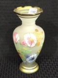 Floral Painted Satin Glass Vase w/ Gold Trim
