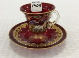 Red Glass Cup & Saucer w/