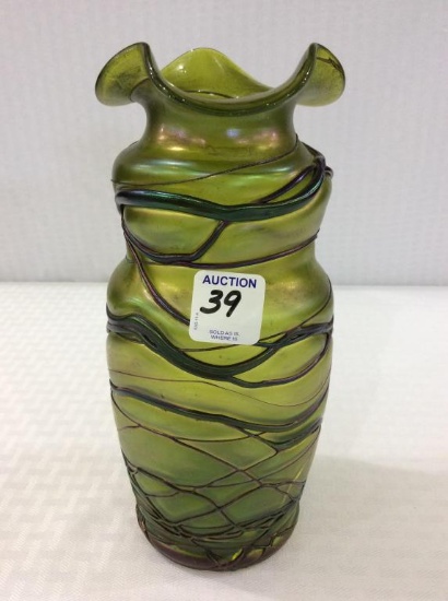 Artglass Green Irridized Vase Signed France