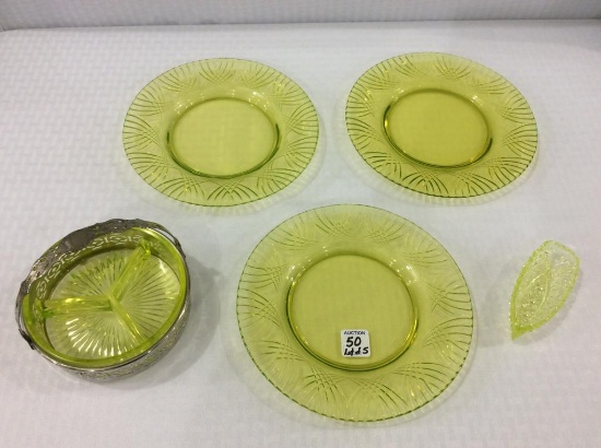 Lot of 5 Vaseline Glass Plates including