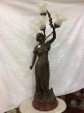 Figural Lady Three Light Lamp on Marble Base