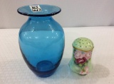Lot of 2 Blue Glass Vase w/ Etched Stueben