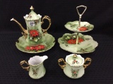 Lefton Christmas Teapot, Creamer, Sugar,