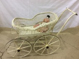 Lg. Vintage Wicker Baby Buggy w/ China Head Doll