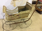 Lg. Ornate Wicker Baby Buggy w/