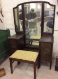 Wood Vanity w/ Mirror & Stool