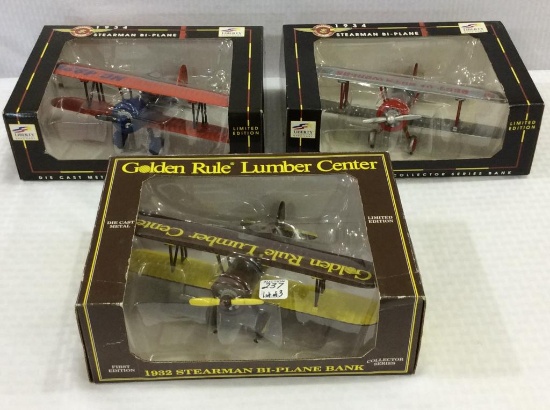 Lot of 3 Die Cast Bi-Plane Banks in Boxes