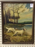 Framed Painting on Board of Hunting Dogs