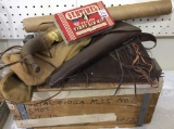 Wood Ammo Box, Powder Horn, Gun