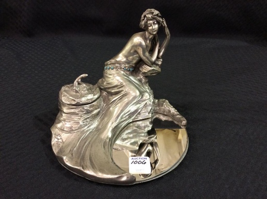 Metal Art Nouveau  Ladies Statue w/ Mirror