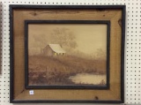 Framed Oil on Wood Board Cabin Scene