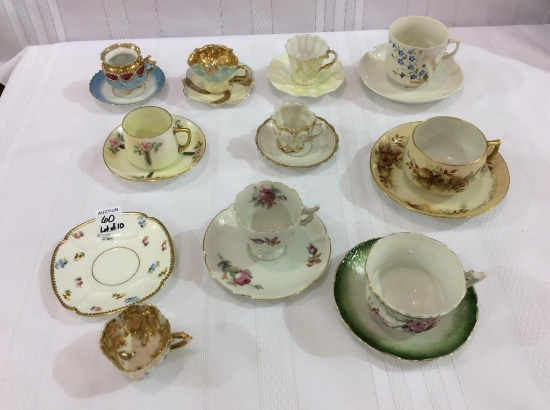 Lot of 10 Floral Painted Cups & Saucers-Mostly