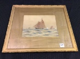 Framed Sail Ship Watercolor-Dated 1894