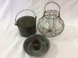 Lot of 4 Including Wire Egg Basket, Tin