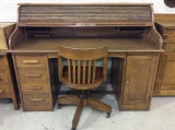 Very Lg. Roll Top Desk w/ Wood Desk Chair