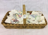 Vintage Basket Filled w/ Embroidered Dish Towels