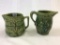 Lot of 2 Green Stoneware Pitchers w/ Floral Design