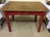 Primitive Red Paint Wood Top Table