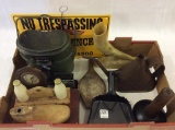 Box of Collectibles Including No Trepassing Sign,