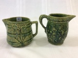 Lot of 2 Green Stoneware Pitchers w/ Floral Design