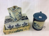 Lot of 4 Delft Blue Tinware Pieces Including