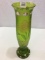 Green Satin Glass Vase w/ Floral Painted Design