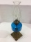 Vintage Metal Base Blue Glass Kerosene Lamp