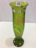 Green Satin Glass Vase w/ Floral Painted Design