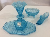 Lot of 5 Blue Glassware Pieces Including Ruffled