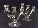 Pair of Matching Glass Three Place Candle Holders