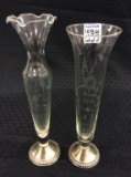 Lot of 2 Glass Etched Vases w/ Sterling Silver