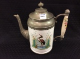 Painted Porcelain & Pewter Coffee Pot (9 1/2