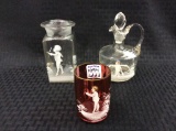 3 Mary Gregory Pieces Including Cranberry Cut,