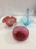 Lot of 3 Glassware Pieces-Cranberry Hobnail