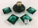 Emerald Green Glass Ink Well & 4  Green