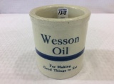 Blue & White Wesson Oil Adv. Stoneware Jar