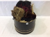 Hat Box w/ Various Ladies Fur Pieces, Feather