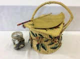 Jar of Vintage Buttons, Sewing Basket & Woven
