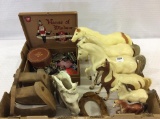 Box w/ Various Plastic Toy Horses, Wood Stirrups,