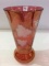 12 Inch Tall Cranberry Vase w/ Etched Leaf Design