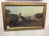 Framed Painting on Board of Seascape w/ Lady