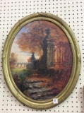 Oval Framed Painting of Trees, Gate & Columns