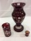 Lot of 3 Red Cut to Clear Glassware Pieces